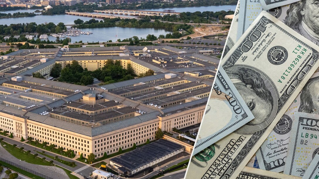 A composite image showing the Pentagon building on the left, symbolizing the U.S. Department of Defense, and a close-up of multiple $100 bills on the right, representing military spending or defense budget.