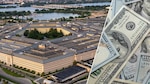 A composite image showing the Pentagon building on the left, symbolizing the U.S. Department of Defense, and a close-up of multiple $100 bills on the right, representing military spending or defense budget.