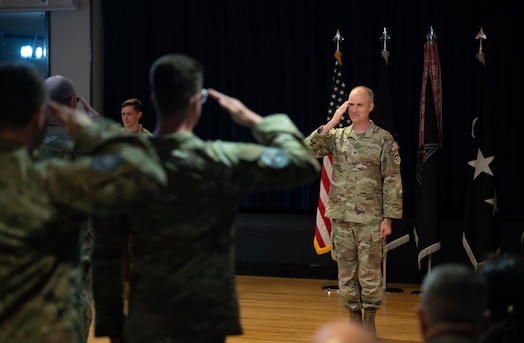  U.S. Space Force Barry Coker receives his first salute from members of Mission Delta 2 following his acceptance of command during a change-of-command ceremony, July 3, 2025, at Peterson SFB, Colo. MD2 conducts Space Domain Awareness (SDA) operations to identify, characterize, and exploit opportunities and mitigate vulnerabilities in the national security space terrain on behalf of the United States Space Force and United States Space Command.