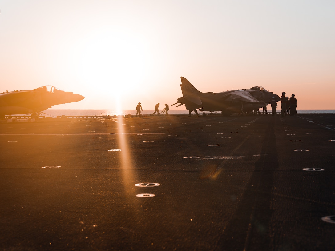 A U.S. Marine Corps AV-8B Harrier with 22nd Marine Expeditionary Unit (Special Operations Capable) is taxied during alternative landing drills aboard the Wasp-class amphibious assault ship USS Iwo Jima (LHD 7) in support of Composite Training Unit Exercise while underway in the Atlantic Ocean, June 27, 2025. During COMPTUEX, the IWO ARG and 22nd MEU(SOC), refine tactics, techniques, and procedures to execute warfighting functions that enhance operational readiness and lethality as a unified IWOARG/22 MEU(SOC) team. (U.S. Marine Corps photo by Sgt. Tanner Bernat)