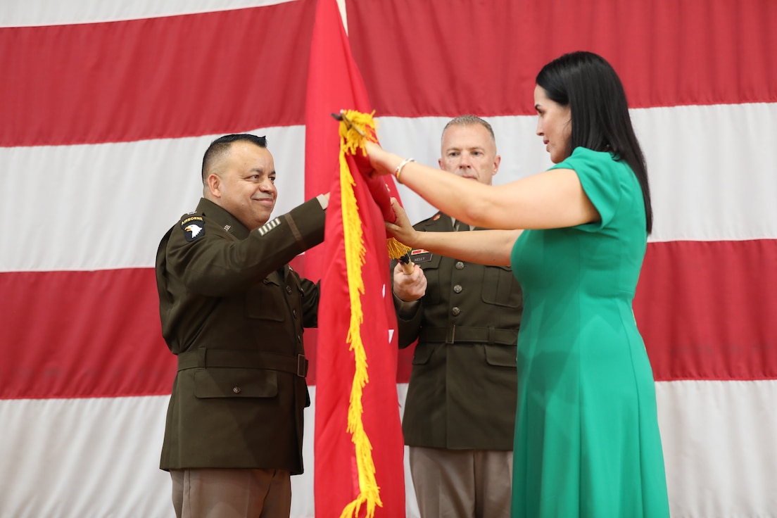Brig. Gen. Jorge M. Fonseca and his wife, Andrea Fonseca, unfurl his one-star flag during his promotion ceremony June 21, 2025, at the Kedzie Armory in Chicago, as Command Sgt. Maj. Michael R. Kelly, State Command Sergeant Major of the Illinois Army National Guard, looks on. The ceremony marked Fonseca’s promotion to brigadier general and his appointment as Director of the Joint Staff.
(U.S. Army photo by 2nd Lt. Trenton Fouche, Joint Force Headquarters – Illinois National Guard)