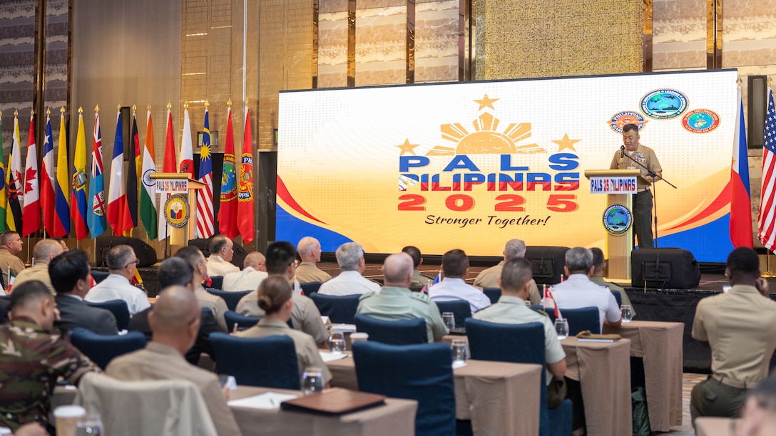 The 37th Commandant of the Philippine Marine Corps, Maj. Gen. Vicente Blanco, delivers opening remarks during the opening ceremony of the 11th iteration of the Pacific Amphibious Leaders Symposium, Manila, Philippines, July 8, 2025. Bringing together experts and leaders from across the Indo-Pacific, PALS fosters collaboration among Allied and partner amphibious and maritime forces to share knowledge and recent operational insights. This year’s symposium hosted senior leaders from 22 participating nations who are committed to a free and open Indo-Pacific, with the objective of strengthening and developing regional relationships. (U.S. Marine Corps photo by Lance Cpl. Blake Gonter)