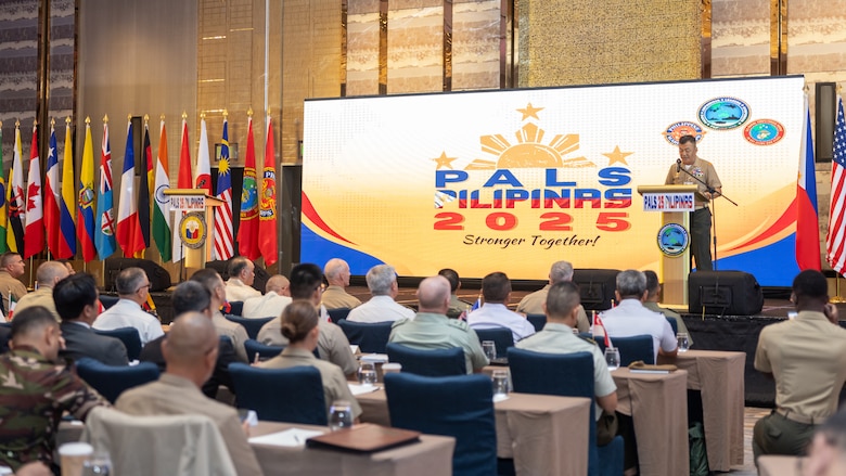 The 37th Commandant of the Philippine Marine Corps, Maj. Gen. Vicente Blanco, delivers opening remarks during the opening ceremony of the 11th iteration of the Pacific Amphibious Leaders Symposium, Manila, Philippines, July 8, 2025. Bringing together experts and leaders from across the Indo-Pacific, PALS fosters collaboration among Allied and partner amphibious and maritime forces to share knowledge and recent operational insights. This year’s symposium hosted senior leaders from 22 participating nations who are committed to a free and open Indo-Pacific, with the objective of strengthening and developing regional relationships. (U.S. Marine Corps photo by Lance Cpl. Blake Gonter)