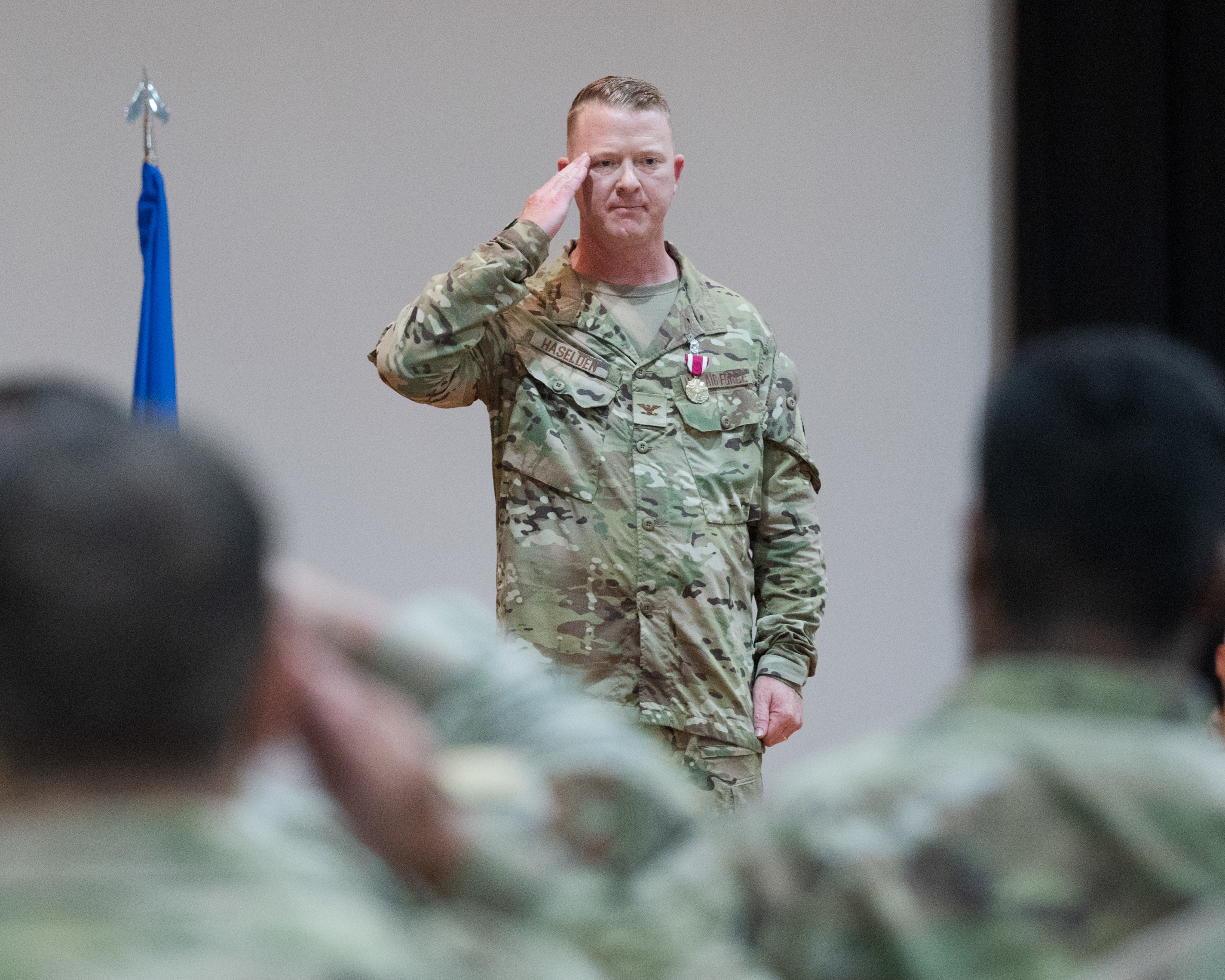 Col. Scott Haselden renders his final salute as 570th Combat Training Squadron commander during a change of command ceremony at Fort Bliss, Texas, June 27, 2025. The change of command ceremony is an American military tradition performed to openly show service members the arrival of the incoming commander. (U.S. Air Force photo by Senior Airman Bob Teichmann)