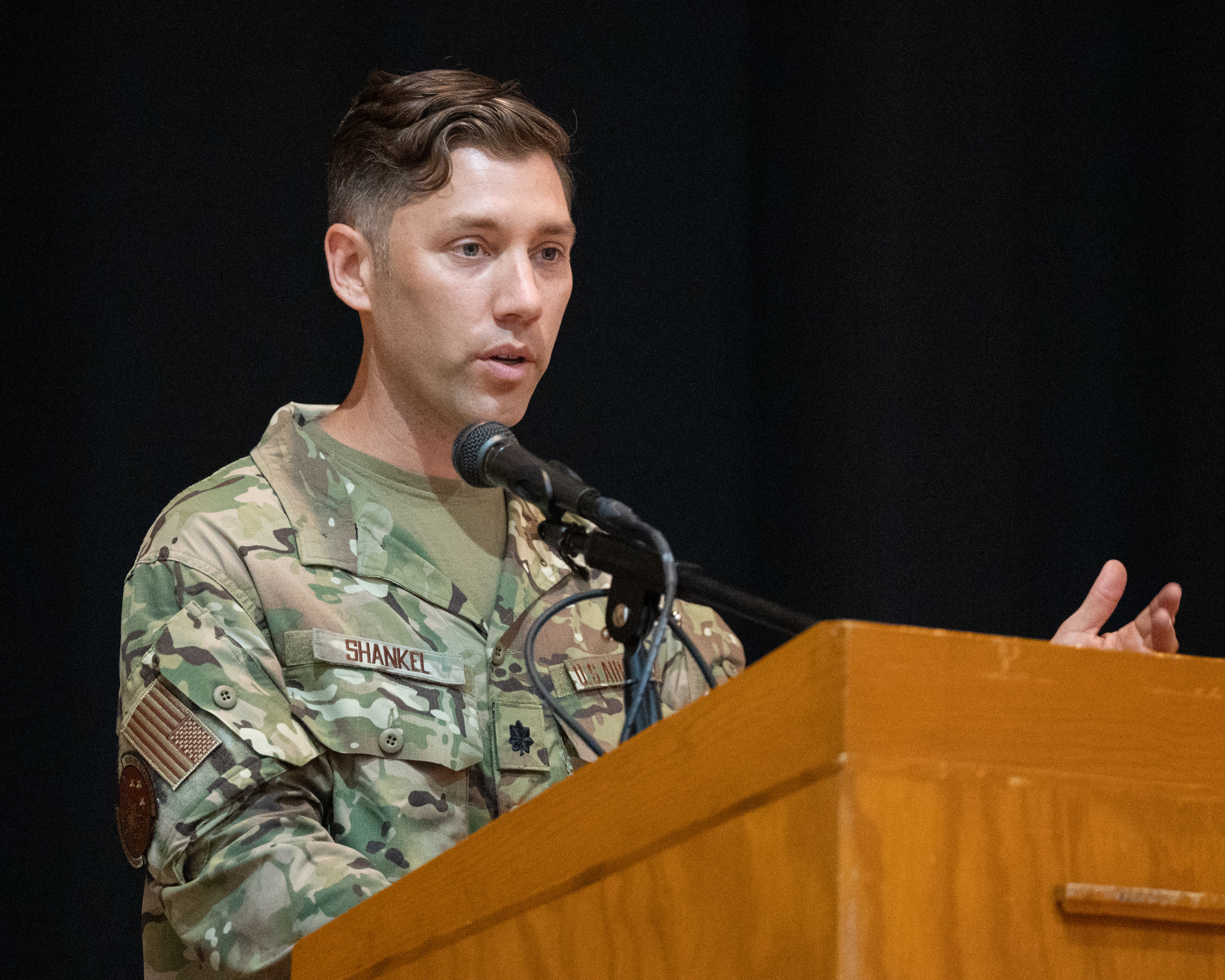 Lt. Col. Israel Shankel, 570th Combat Training Squadron commander, addresses attendees during a change of command ceremony at Fort Bliss, Texas, June 27, 2025. Shankel took over the 570th CTS with prior experience in nuclear security, contingency response and professional military education instructor duties. (U.S. Air Force photo by Senior Airman Bob Teichmann)