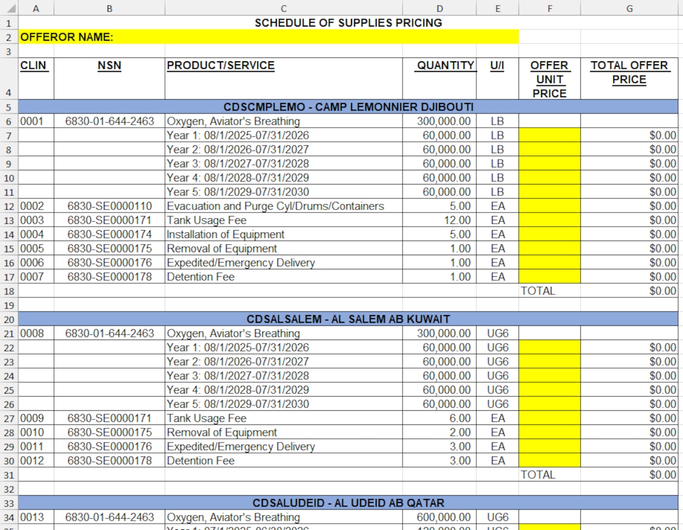 Example of a DLA Energy Aerospace Pricing Worksheet with Schedule of Supplies Pricing