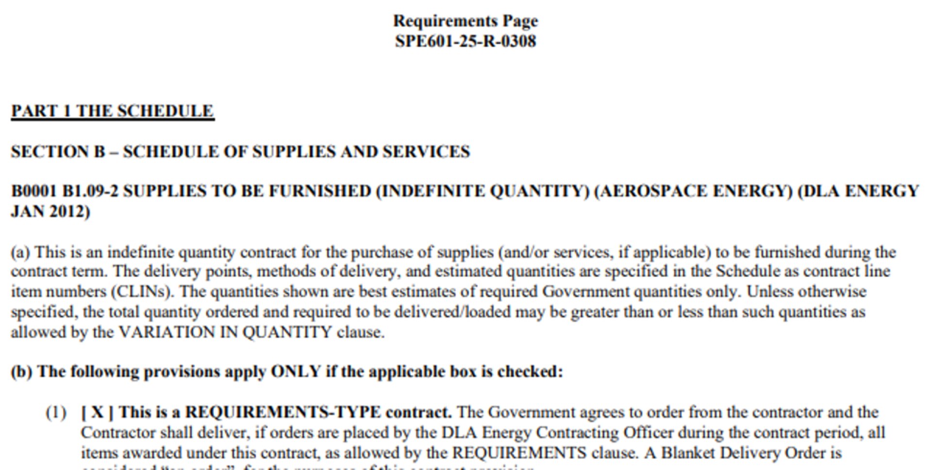 DLA Energy Aerospace Division Requirements Page for a solicitation
