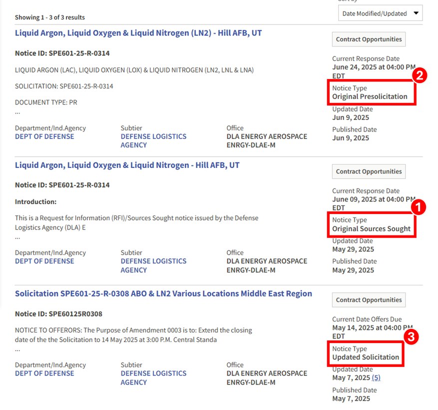 Different DLA Energy Aerospace solicitation types on SAM.gov