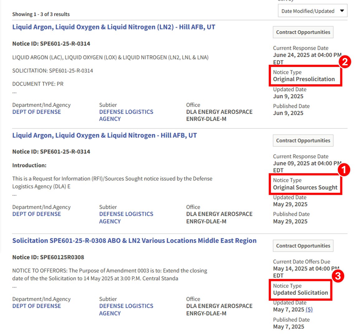 Different DLA Energy Aerospace solicitation types on SAM.gov