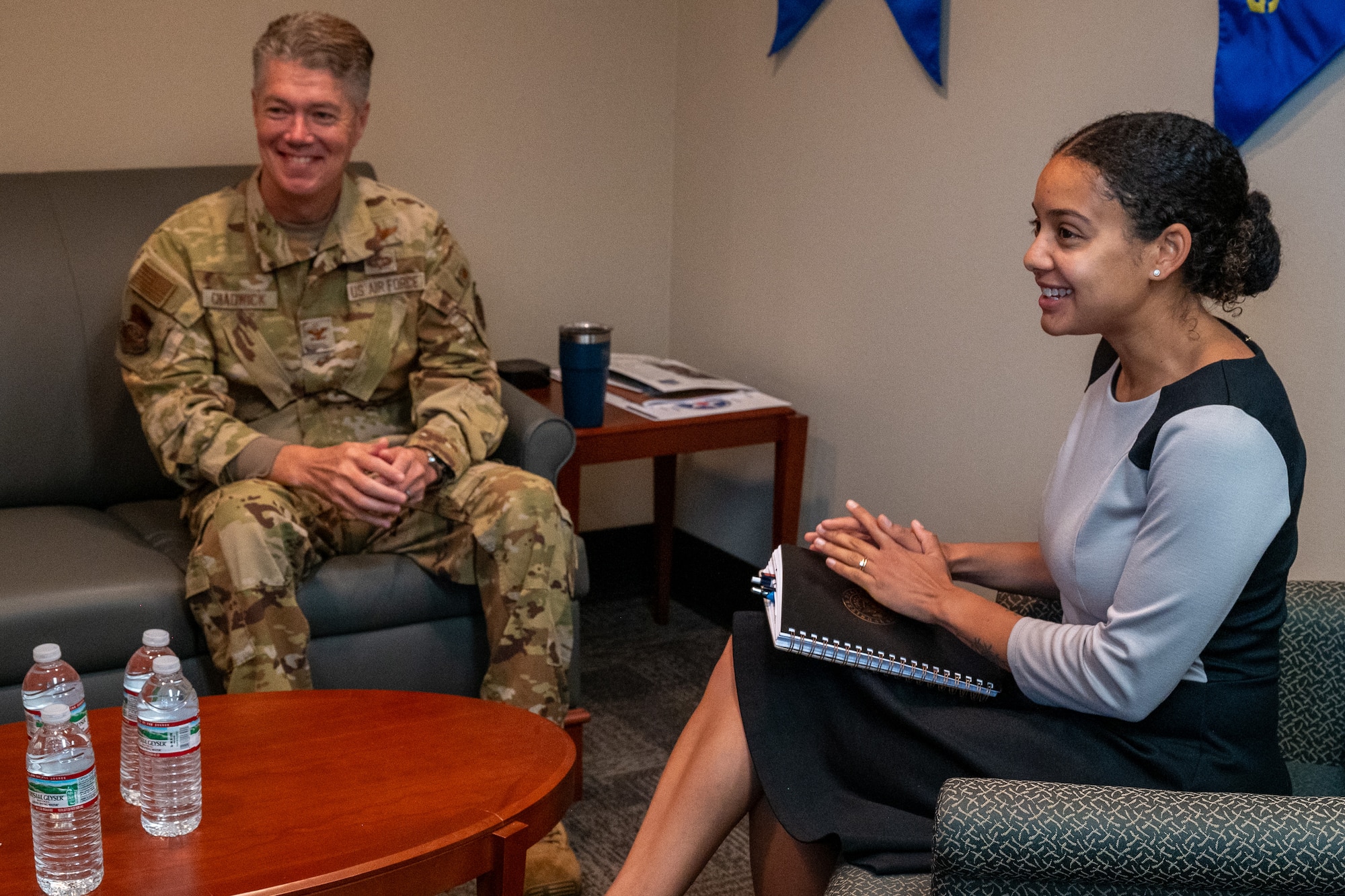 Jenn Atanasov, Office of the Senator Tammy Duckworth metro east community outreach coordinator, Col. Rick Chadwick, 932nd Airlift Wing deputy commander, attends an office call with Col. Jeffrey Smith, 932nd AW commander, Scott AFB, Illinois, June 11, 2025.  Smith and Chadwick discussed recent wing readiness training events, upcoming wing milestones and Air Force Reserve capabilities.