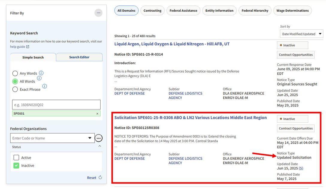 DLA Energy Aerospace SAM.gov solicitation highlighting Notice Type Updated Solicitation