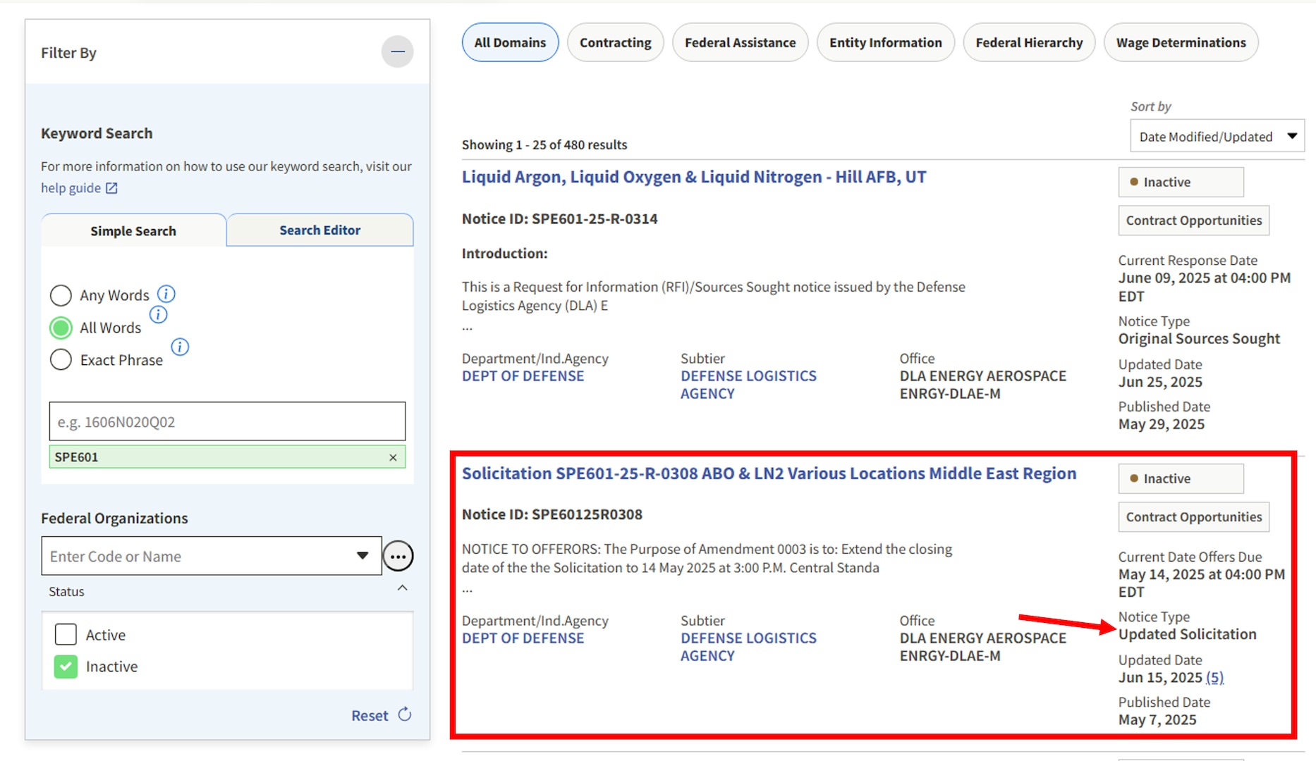 DLA Energy Aerospace SAM.gov solicitation highlighting Notice Type Updated Solicitation