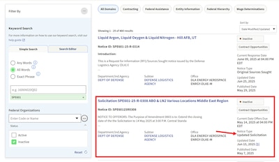 DLA Energy Aerospace SAM.gov solicitation highlighting Notice Type Updated Solicitation