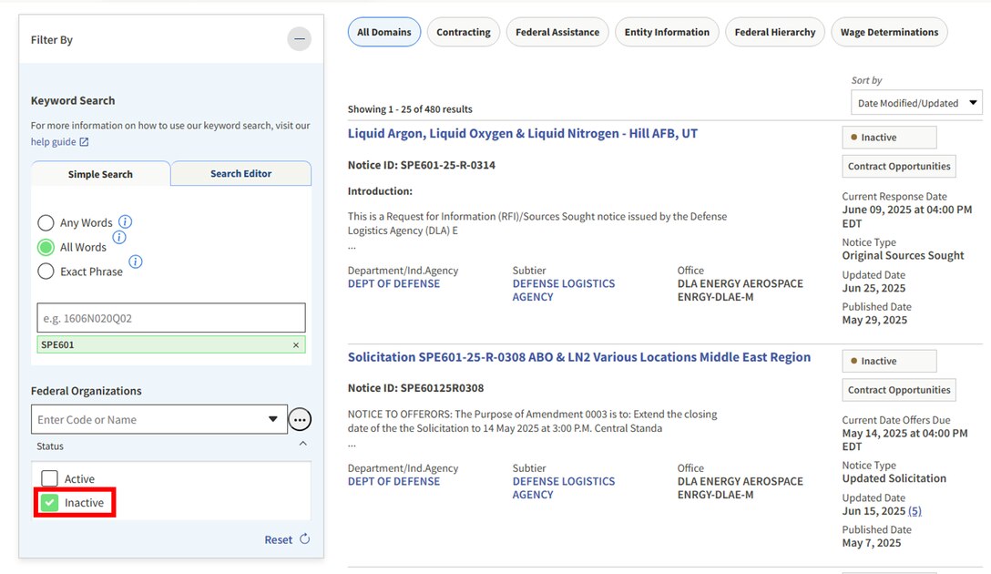 DLA Energy Aerospace SAM.gov solicitations filtered on inactive status