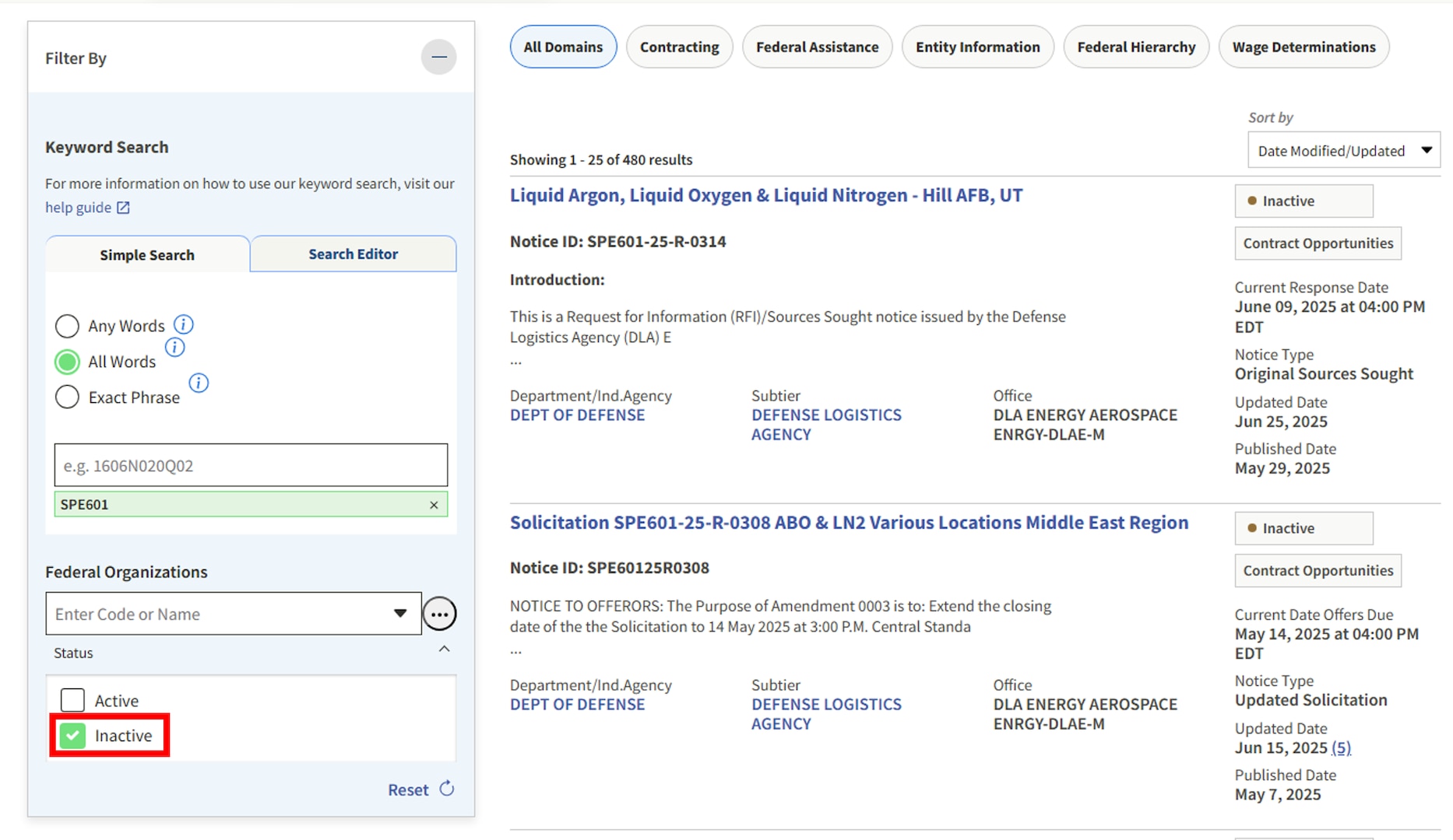 DLA Energy Aerospace SAM.gov solicitations filtered on inactive status