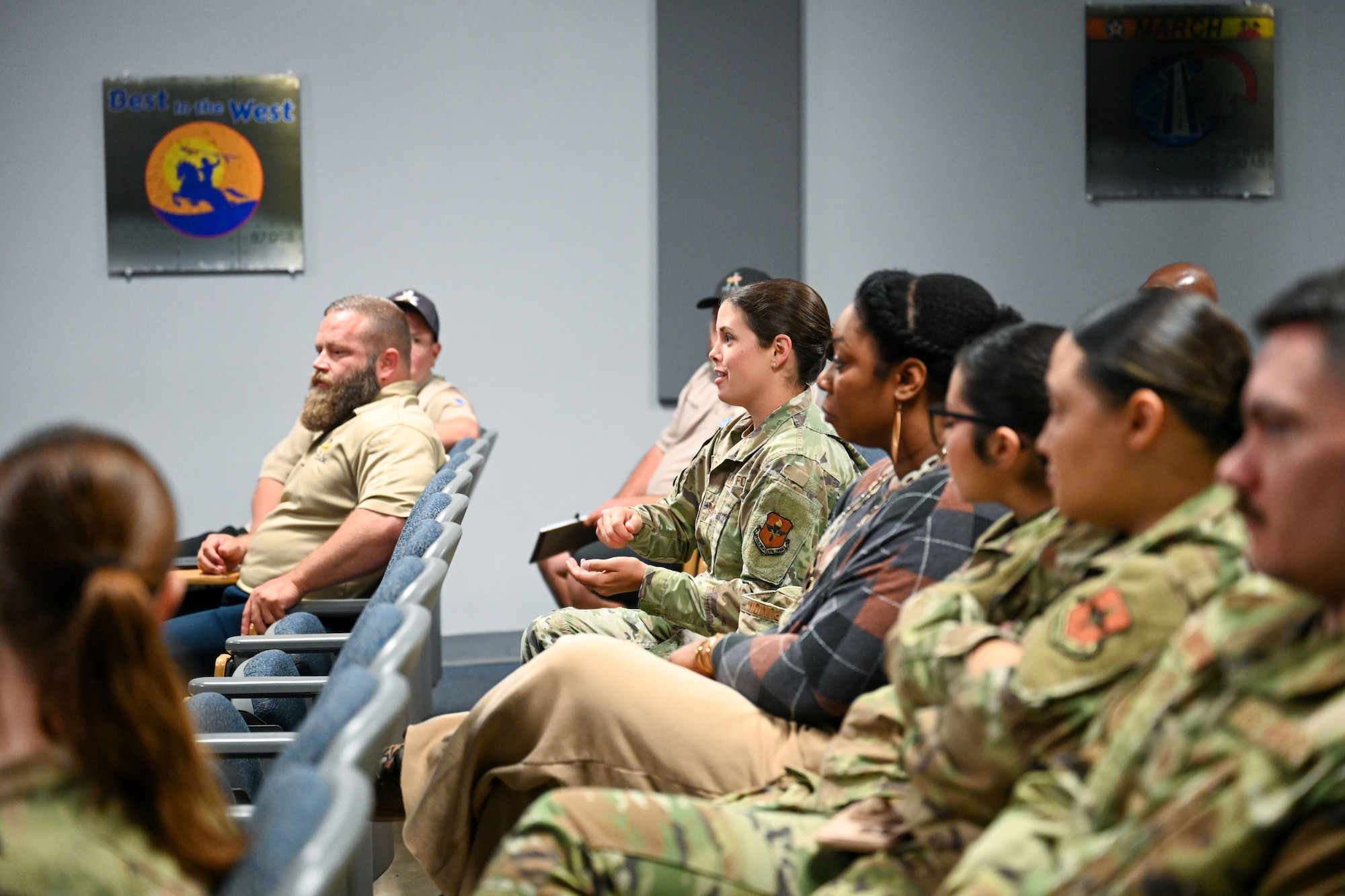 U.S. Air Force Airmen from the 97th Air Mobility Wing attend a wing inspection team meeting hosted by Air Force Education and Training Command inspectors at Altus Air Force Base, Oklahoma, May 4, 2025. Inspectors identify both strengths and areas of improvement that require additional attention to improve the overall readiness of the Air Force. (U.S. Air Force photo by Airman 1st Class Nathan Langston)