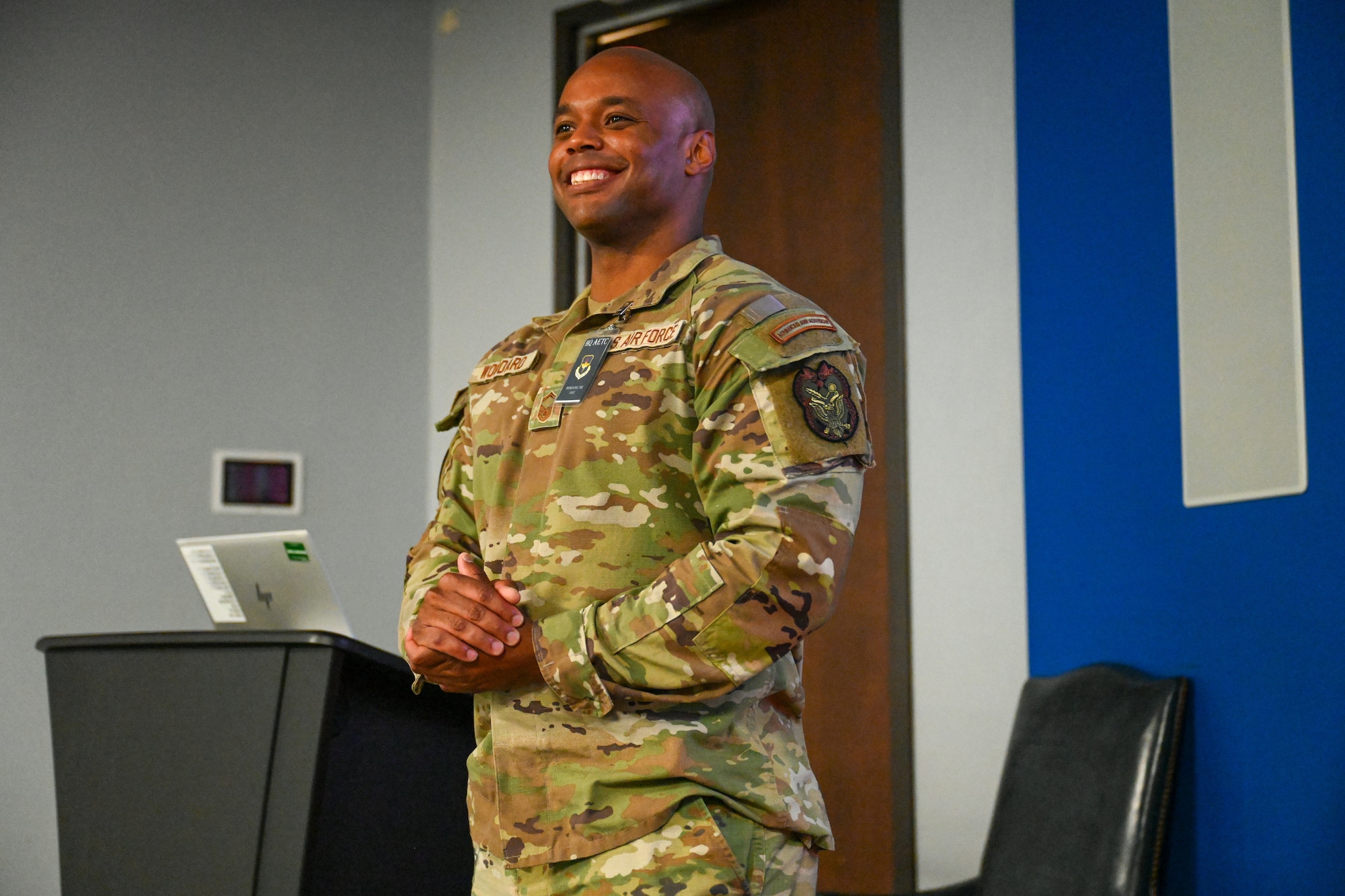 U.S. Air Force Senior Master Sgt. James Woodard, improving the unit branch superintendent, concludes a wing inspection team (WIT) meeting at Altus Air Force Base, Oklahoma, June 4, 2025. Woodard was visiting from the Air Force Education and Training Command to gather feedback from 97th Air Mobility Wing WIT Airmen. (U.S. Air Force photo by Airman 1st Class Nathan Langston)
