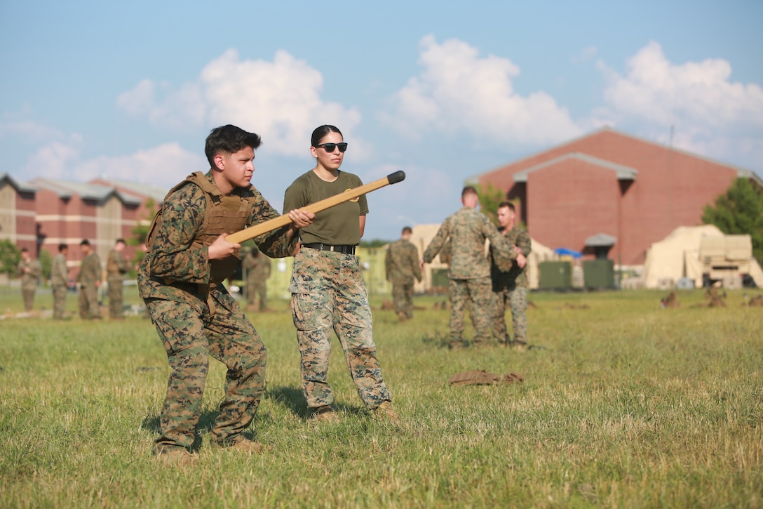 U.S. Marine Corps Cpl. Nicholas Rocha (left) and Cpt. Maira Ramirez conduct a Marine Corps Martial Arts Program (MCMAP) course at Atlantic Alliance '25 (AA25) on July 6, 2025.

AA25 maintains Marine Corps capabilities while implementing ground support training such as MCMAP qualifications.

(U.S. Marine Corps photo by LCpl. Kenneth Lambert)