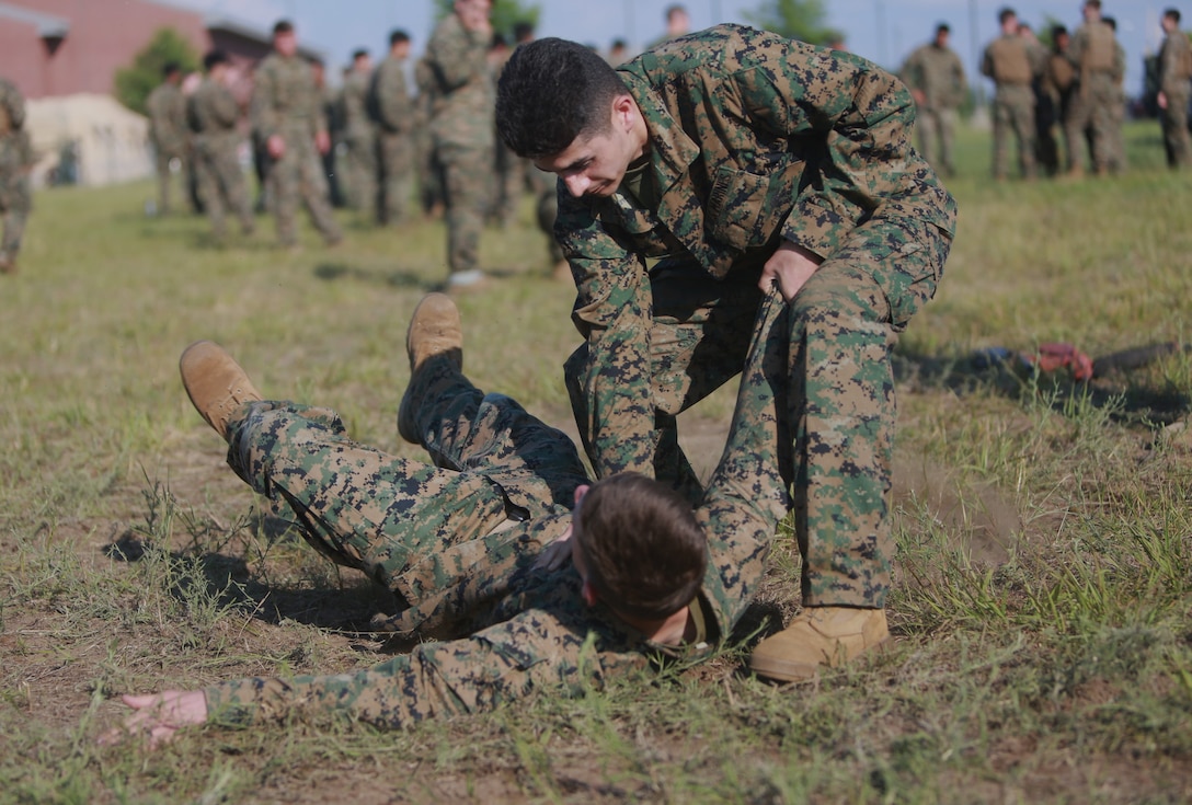 U.S. Marine Corps Cpl. Aaron Sowell(bottom) and PFC Tomas Villanueva(top) conduct a Marine Corps Martial Arts Program (MCMAP) course at Atlantic Alliance '25 (AA25) on July 6, 2025.

AA25 maintains Marine Corps capabilities while implementing ground support training such as MCMAP qualifications.

(U.S. Marine Corps photo by LCpl. Kenneth Lambert)