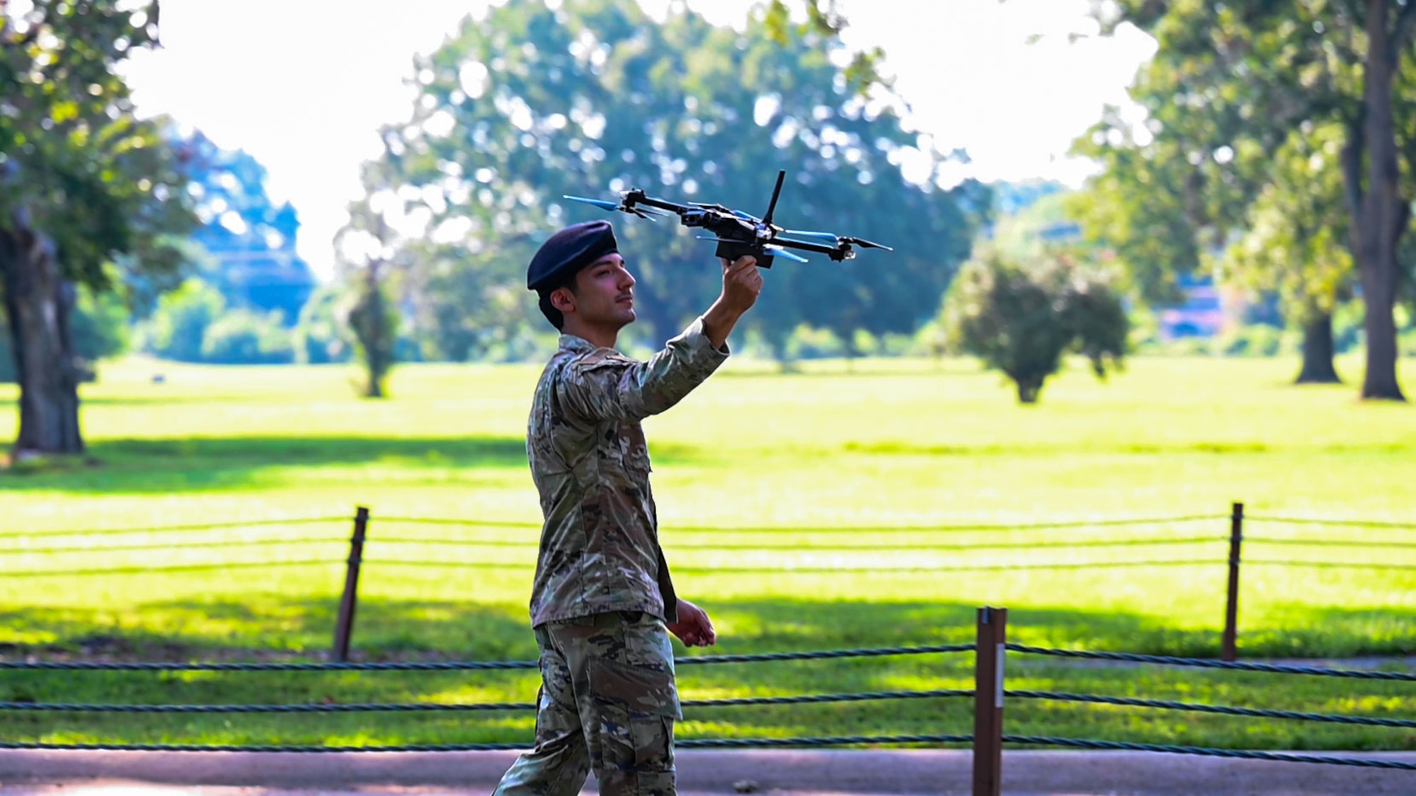U.S. Air Force Senior Airman Anthony Cruz, 2nd Security Forces Squadron electronic warfare airman, catches a drone during a demonstration at Barksdale Air Force Base, Louisiana, September 3, 2024.