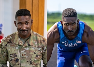 An Air Force service member poses for two photos side-by-side. One in camouflage uniform the other in a blue track suit with USA on the chest