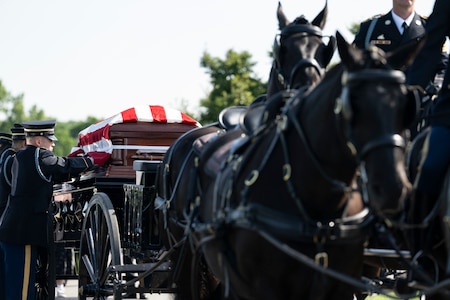 Soldiers wearing dark ceremonial uniforms are adjusting the flag that is covering a casket which is being carried on a horse-drawn caisson.