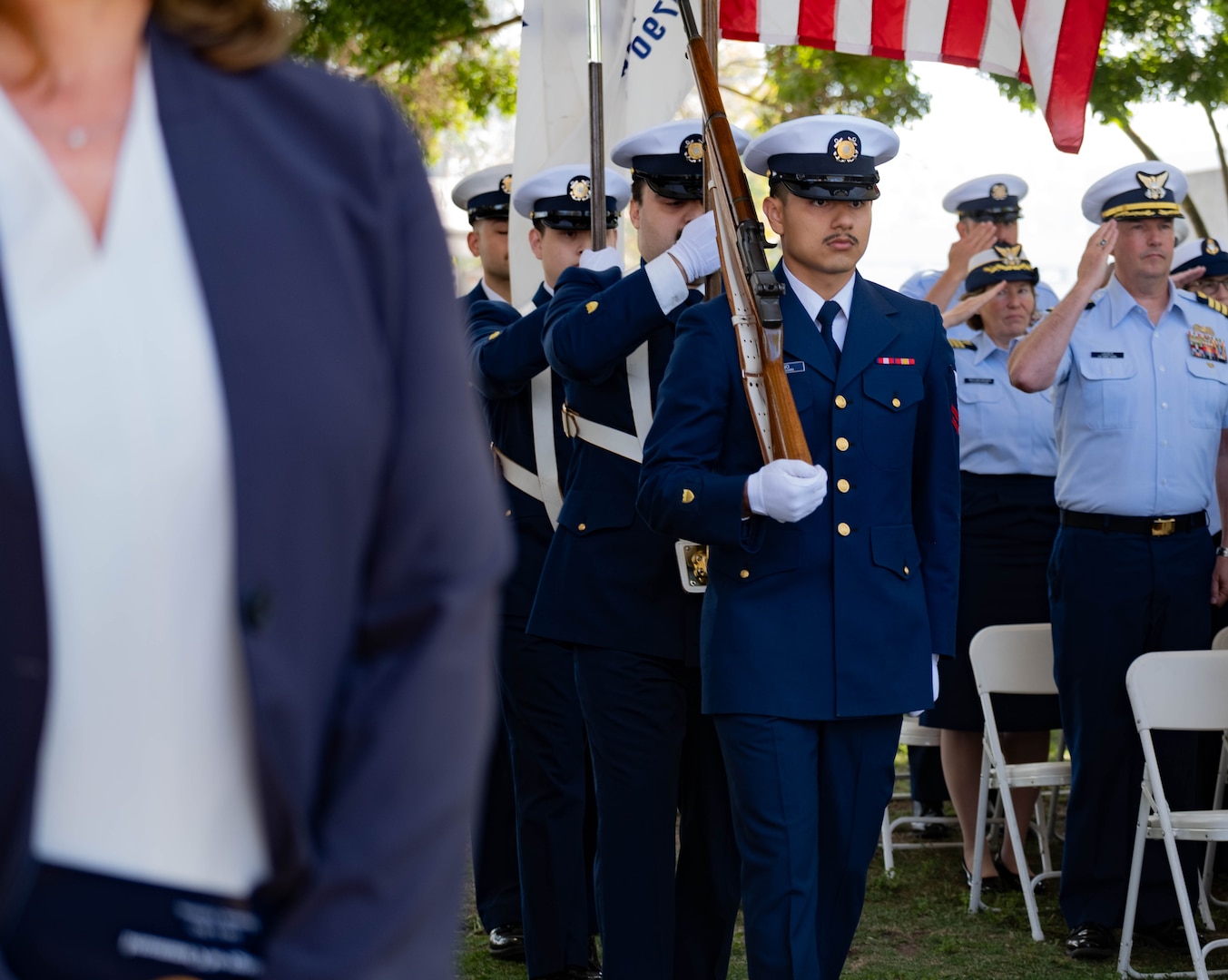 U.S. Coast Guard Base Alameda color guard performs during a change-of-command ceremony at Coast Guard Island in Alameda, Calif., July 8, 2025.