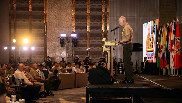 U.S. Marine Corps Lt. Gen. James Glynn, commander, U.S. Marine Corps Forces, Pacific, gives remarks during the opening ceremony of the 11th iteration of the Pacific Amphibious Leaders Symposium, Manila, Philippines, July 8, 2025. Bringing together experts and leaders from across the Indo-Pacific, PALS fosters collaboration among Allied and partner amphibious and maritime forces to share knowledge and recent operational insights. This year’s symposium hosted senior leaders from 22 participating nations who are committed to a free and open Indo-Pacific, with the objective of strengthening and developing regional relationships. (U.S. Marine Corps photo by Lance Cpl. Moses S. Lopez Franco)