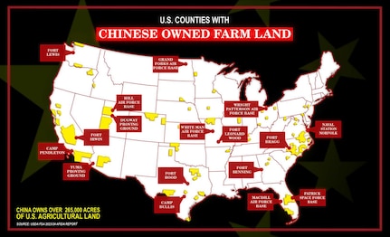 A map of the United States shows locations of farmland owned by Chinese-affiliated companies overlaid with a selection of military bases.
