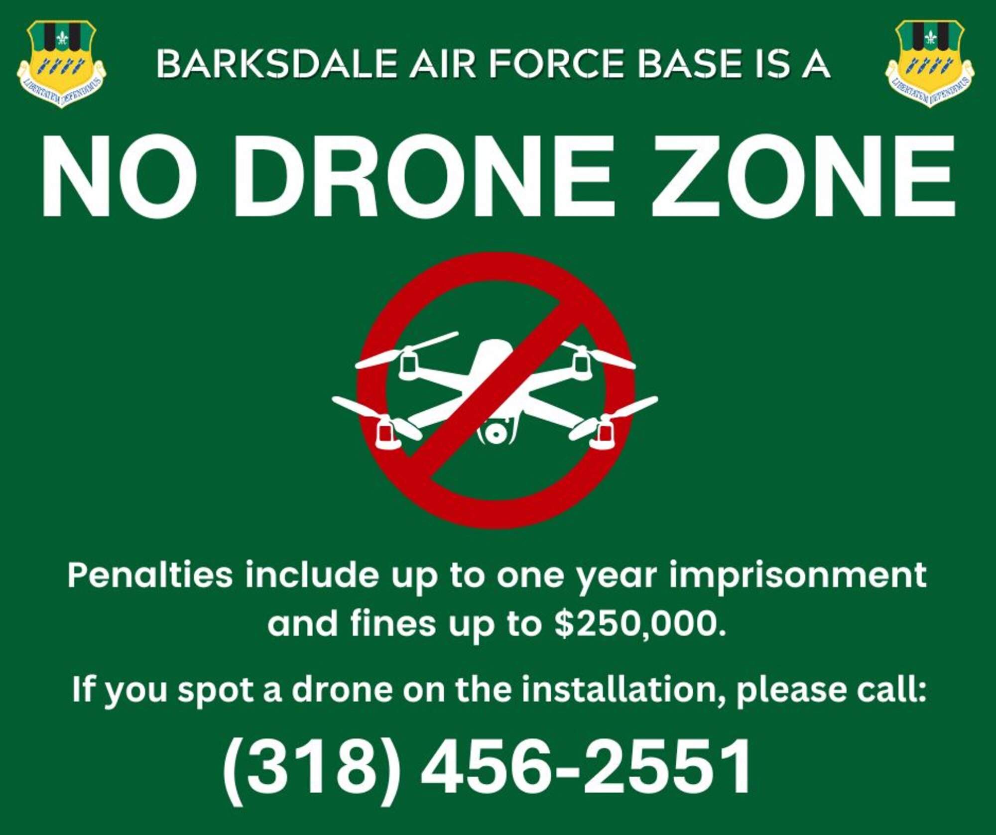 This graphic was created to inform individuals about the penalties for flying a drone at Barksdale Air Force Base, Louisiana, July 8, 2025. (U.S. Air Force graphic by Airman 1st Class Preston Crawford)