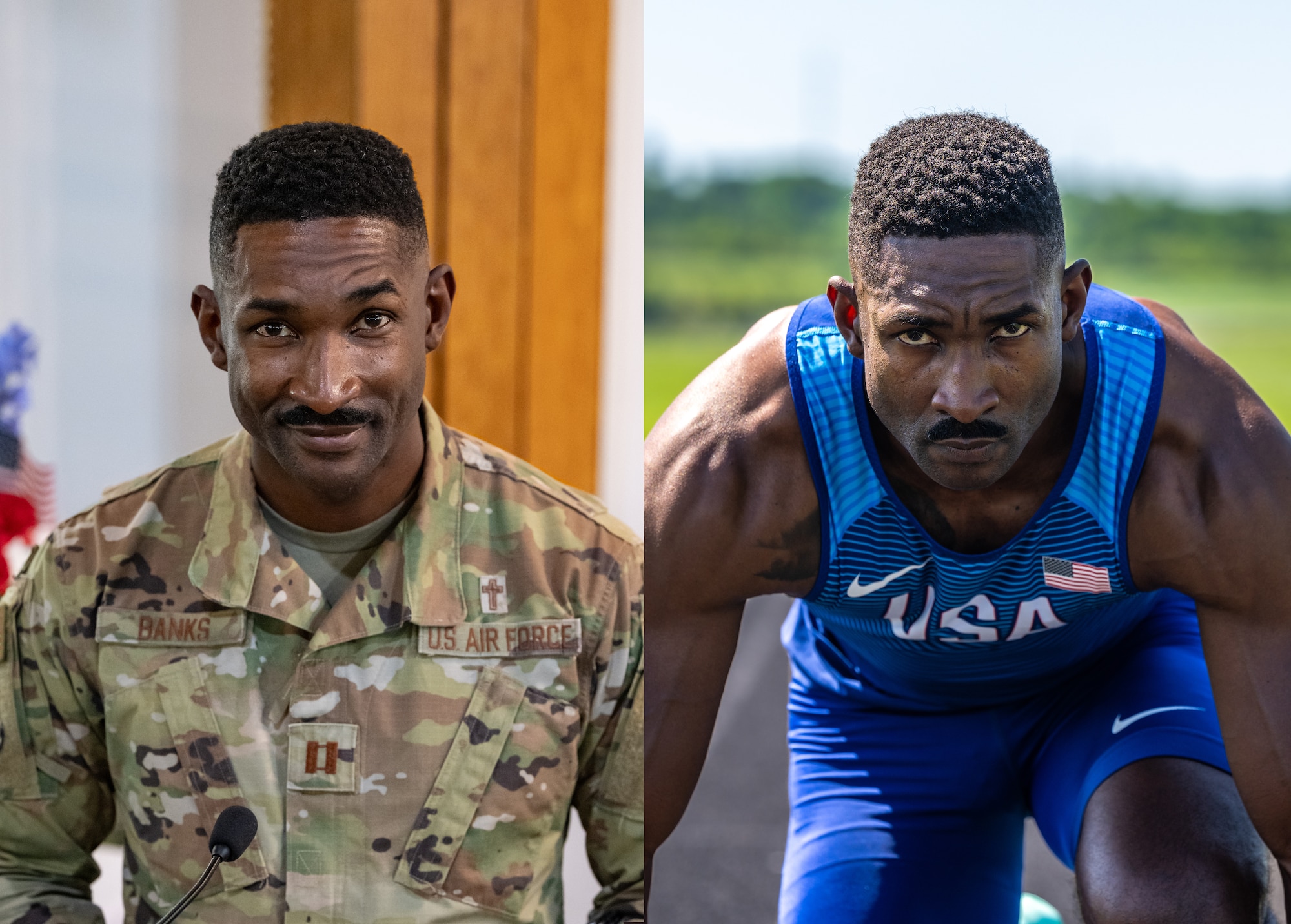 An Air Force service member poses for two photos side-by-side. One in camouflage uniform the other in a blue track suit with USA on the chest