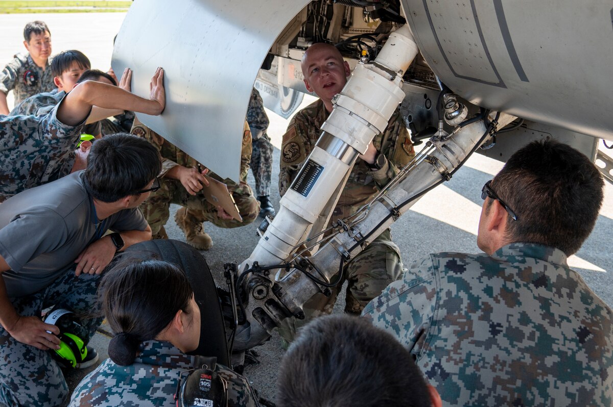 U.S. Air Force Staff Sgt. Gavin Blume, 35th Maintenance Group quality assurance inspector, familiarizes Japan Air Self-Defense Force members with a USAF F-16 Fighting Falcon ahead of exercise Resolute Force Pacific 2025 at Misawa Air Base, Japan, July 8, 2025. Building a shared understanding of maintenance capabilities enhances interoperability, driving mission success and regional stability. (U.S. Air Force photo by Senior Airman Brittany Russell)