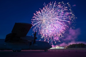 A U.S. Air Force C-130J Super Hercules is on display during a fireworks show at Ramstein Air Base, Germany, July 4, 2025.
