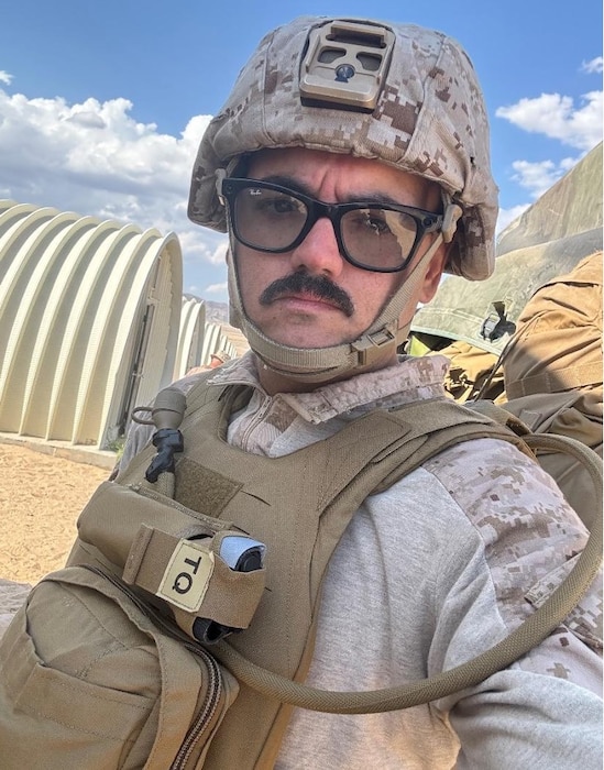 TWENTYNINE PALMS, Calif. (June 17, 2025) – Hospital Corpsman (HN) Joseph Carlo, a Training and Administration of the Reserve (TAR) Sailor assigned to Navy Reserve Center Houston, takes a moment for a self-portrait while providing medical support to 1st Battalion, 23rd Marines during Integrated Training Exercise (ITX) 4-25 at Marine Corps Air Ground Combat Center Twentynine Palms. Originally from New York City, Carlo plays a vital role in ensuring force medical readiness across active and reserve units. (U.S. Navy photo by HN Joseph Carlo)