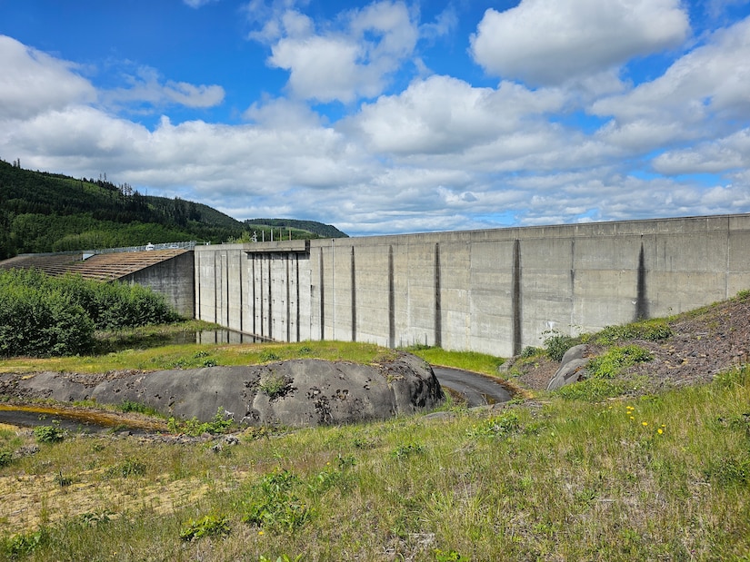 A semi-paved road winds down a grassy embankment to a pool of water against a concrete structure.