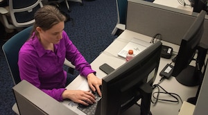 Mary Hatfield, a Morse Corps Android software engineer, integrates a user interface with a backend tech server during an Operational Response Team Hackathon at Nellis Air Force Base, Nevada, June 5, 2025. Hatfield’s work enables real-time data flow, improving system functionality and responsiveness for mission-critical operations. (U.S. Air Force photo by Staff Sgt. Samantha Krolikowski)