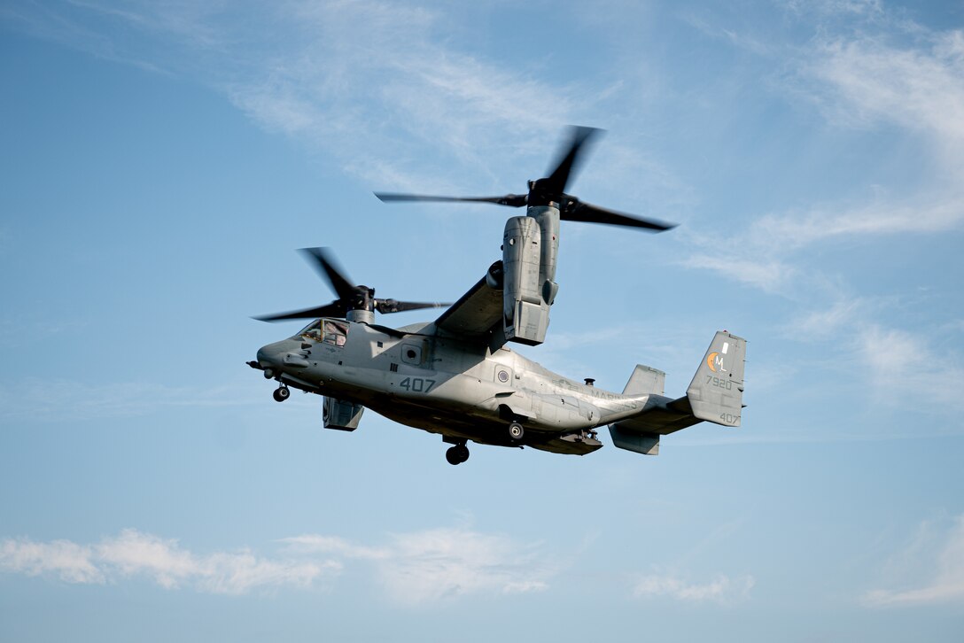A U.S. Marine MV-22 Osprey with Marine Medium Tiltrotor Squadron 764 (VMM-764) conducts aerial operations in support of a ‘jump’ combat operations center event during Atlantic Alliance 25 (AA25) at Fort Drum, New York, July 7, 2025.

AA25 maintains joint amphibious capabilities while implementing aircraft and ground support elements.

Utilizing the MV-22 platform allows Marines to support the transportation of ground personnel and equipment in demanding and adverse environments. (U.S. Marine photo by Cpl. Ujian Gosun)