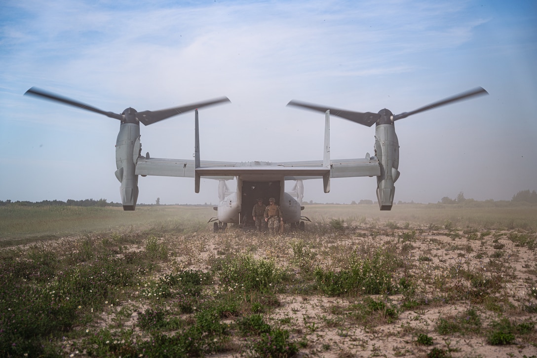 U.S. Marines with 4th Marine Aircraft Wing disembark an MV-22 Osprey with Marine Medium Tiltrotor Squadron 764 (VMM-764) in support of a ‘jump’ combat operations center event during Atlantic Alliance 25 (AA25) at Fort Drum, New York, July 7, 2025.

AA25 maintains joint amphibious capabilities while implementing aircraft and ground support elements.

Utilizing the MV-22 platform allows Marines to support the transportation of ground personnel and equipment in demanding and adverse environments. (U.S. Marine photo by Cpl. Ujian Gosun)