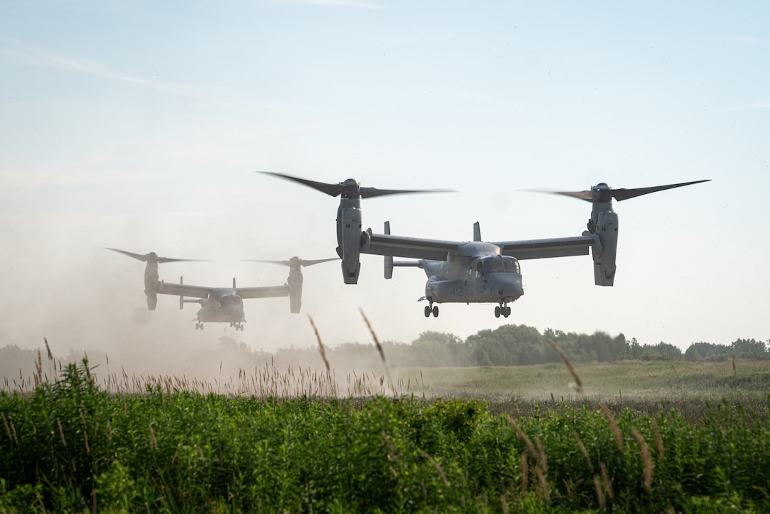 U.S. Marine MV-22 Ospreys with Marine Medium Tiltrotor Squadron 764 (VMM-764) conduct aerial operations in support of a ‘jump’ combat operations center event during Atlantic Alliance 25 (AA25) at Fort Drum, New York, July 7, 2025.

AA25 maintains joint amphibious capabilities while implementing aircraft and ground support elements.

Utilizing the MV-22 platform allows Marines to support the transportation of ground personnel and equipment in demanding and adverse environments. (U.S. Marine photo by Cpl. Ujian Gosun)