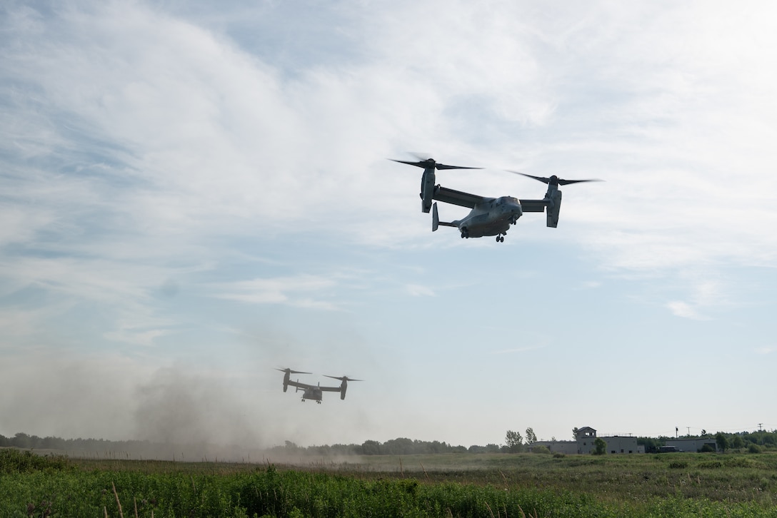U.S. Marine MV-22 Ospreys with Marine Medium Tiltrotor Squadron 764 (VMM-764) conduct aerial operations in support of a ‘jump’ combat operations center event during Atlantic Alliance 25 (AA25) at Fort Drum, New York, July 7, 2025.

AA25 maintains joint amphibious capabilities while implementing aircraft and ground support elements.

Utilizing the MV-22 platform allows Marines to support the transportation of ground personnel and equipment in demanding and adverse environments. (U.S. Marine photo by Cpl. Ujian Gosun)