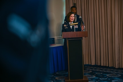 U.S. Air Force Col. Stacy Friesen, commander of the Andrews Medical Group at Joint Base Andrews, introduces U.S. Air Force Col. Michael S. Luna as the incoming Bolling Medical Squadron commander for Joint Base Anacostia-Bolling during the assumption of command ceremony at JBAB, Washington, D.C., July 8, 2025. Luna previously commanded the 75th Healthcare Operations Squadron at Hill Air Force Base, Utah and will lead the Bolling Medical Squadron in delivering comprehensive medical care and maintaining readiness for patients across the National Capital Region. (U.S. Air Force photo by Airman 1st Class Shanel Toussaint)