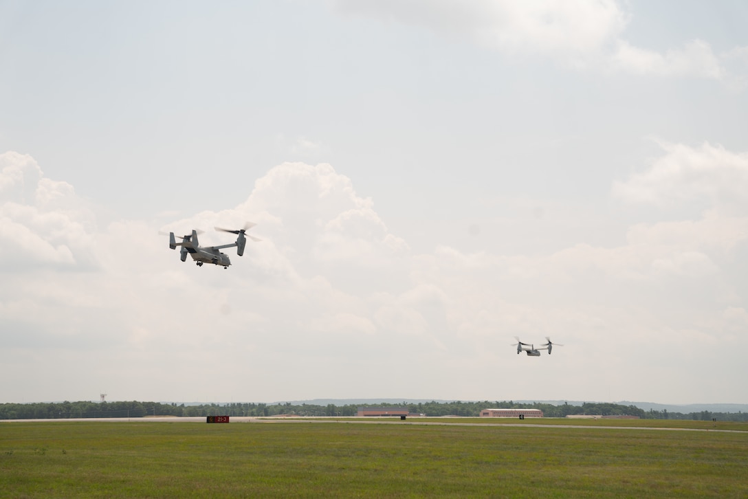 U.S. Marine MV-22 Ospreys with Marine Medium Tiltrotor Squadron 764 (VMM-764) depart as part of a Tactical Recovery of Aircraft and Personnel (TRAP) missions during Atlantic Alliance 25 at Fort Drum, New York, July 7, 2025.

AA25 maintains joint amphibious capabilities by implementing aircraft and ground support elements.

TRAP missions continue to reinforce and enhance expeditionary recovery efforts of personnel in search and rescue scenarios. (U.S. Marine Corps photo by Cpl. Ujian Gosun)