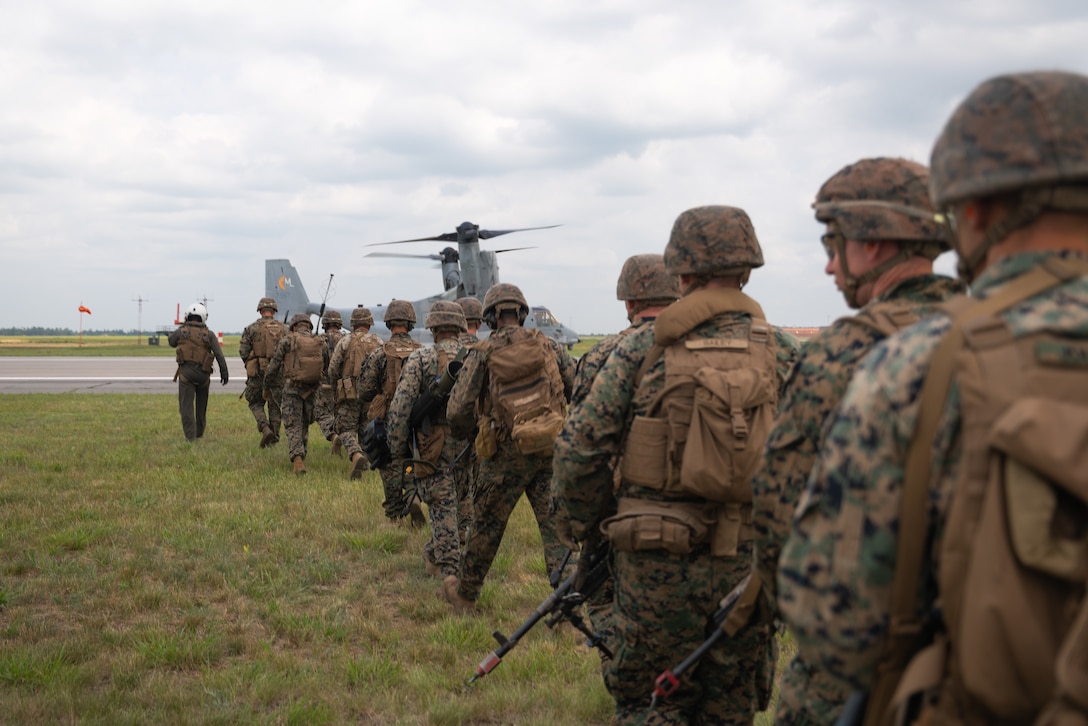 U.S. Marines with Marine Medium Tiltrotor Squadron 764 (VMM-764) prepare MV-22 Ospreys to conduct Tactical Recovery of Aircraft and Personnel (TRAP) missions during Atlantic Alliance 25 at Fort Drum, New York, July 7, 2025.

AA25 maintains joint amphibious capabilities by implementing aircraft and ground support elements.

TRAP missions continue to reinforce and enhance expeditionary recovery efforts of personnel in search and rescue scenarios. (U.S. Marine Corps photo by Cpl. Ujian Gosun)