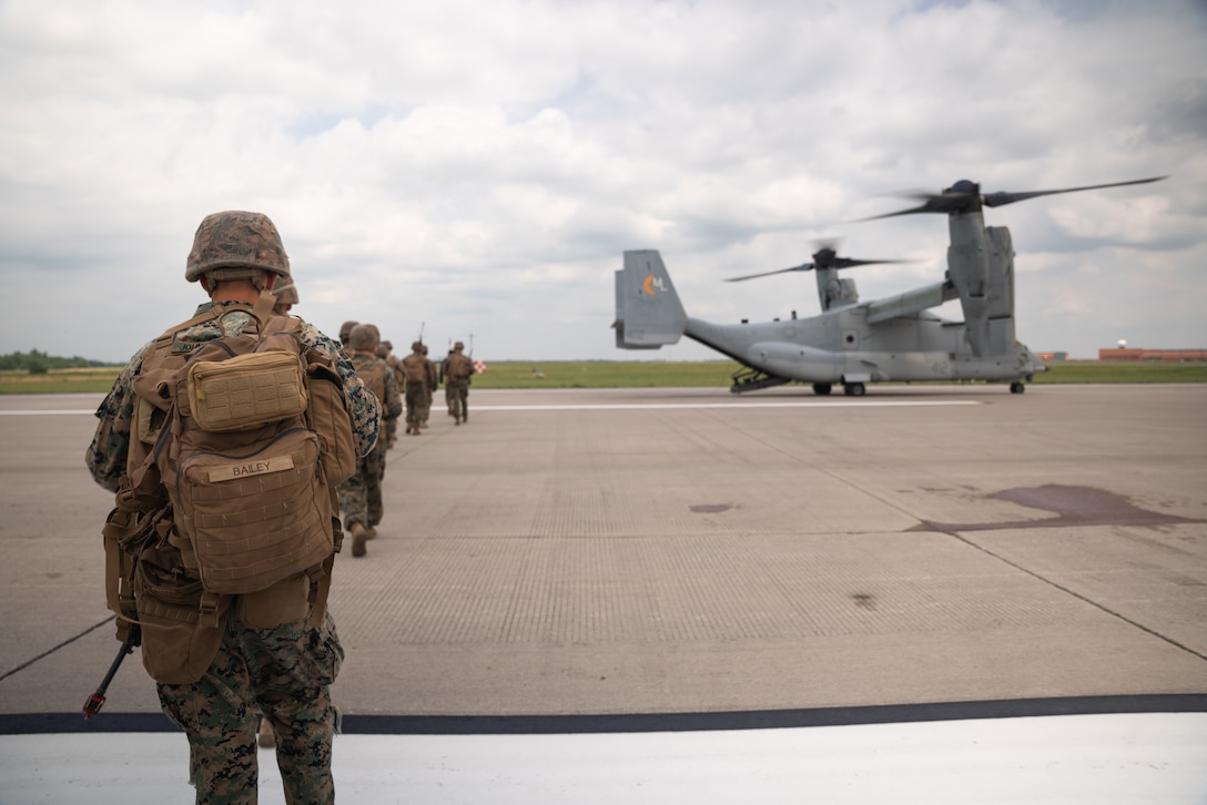 U.S. Marines with 1st Battalion, 25th Marine Regiment, 4th Marine Division load onto an MV-22 Osprey from Marine Medium Tiltrotor Squadron 764 (VMM-764) as part of a Tactical Recovery of Aircraft and Personnel (TRAP) mission during Atlantic Alliance 25 at Fort Drum, New York, July 7, 2025.

AA25 maintains joint amphibious capabilities by implementing aircraft and ground support elements.

TRAP missions continue to reinforce and enhance expeditionary recovery efforts of personnel in search and rescue scenarios. (U.S. Marine Corps photo by Cpl. Ujian Gosun)