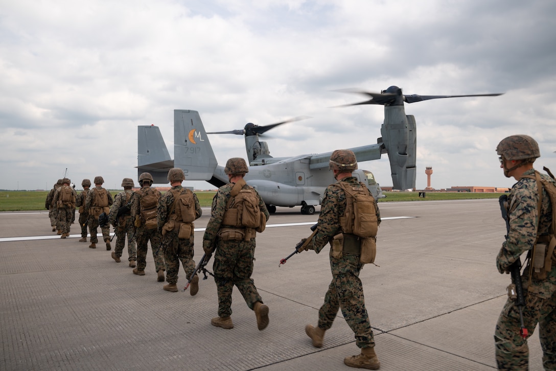 U.S. Marines with 1st Battalion, 25th Marine Regiment, 4th Marine Division load onto an MV-22 Osprey from Marine Medium Tiltrotor Squadron 764 (VMM-764) as part of a Tactical Recovery of Aircraft and Personnel (TRAP) mission during Atlantic Alliance 25 at Fort Drum, New York, July 7, 2025.

AA25 maintains joint amphibious capabilities by implementing aircraft and ground support elements.

TRAP missions continue to reinforce and enhance expeditionary recovery efforts of personnel in search and rescue scenarios. (U.S. Marine Corps photo by Cpl. Ujian Gosun)