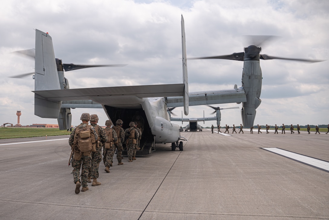 U.S. Marines with 1st Battalion, 25th Marine Regiment, 4th Marine Division load onto an MV-22 Osprey from Marine Medium Tiltrotor Squadron 764 (VMM-764) as part of a Tactical Recovery of Aircraft and Personnel (TRAP) mission during Atlantic Alliance 25 at Fort Drum, New York, July 7, 2025.

AA25 maintains joint amphibious capabilities by implementing aircraft and ground support elements.

TRAP missions continue to reinforce and enhance expeditionary recovery efforts of personnel in search and rescue scenarios. (U.S. Marine Corps photo by Cpl. Ujian Gosun)