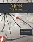 Cover of the AJOB Neuroscience journal, Volume 16, 2025, Number 3 (July–September). The background features an artistic rendering of neurons and synapses in a grayscale palette with highlighted red and orange synaptic connections. The journal title is displayed prominently in gold text on a dark banner across the top.