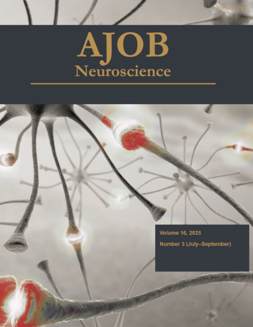 Cover of the AJOB Neuroscience journal, Volume 16, 2025, Number 3 (July–September). The background features an artistic rendering of neurons and synapses in a grayscale palette with highlighted red and orange synaptic connections. The journal title is displayed prominently in gold text on a dark banner across the top.