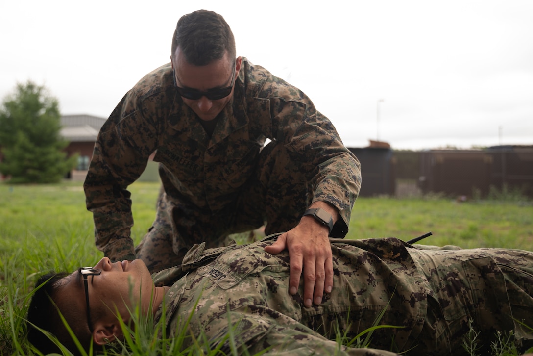 U.S. Navy Sailors attached with Marine Wing Support Squadron 471 and Marines with 4th Marine Aircraft Wing participate in combat lifesaver (CLS) courses during Atlantic Alliance 25 at Fort Drum, New York, July 8, 2025.