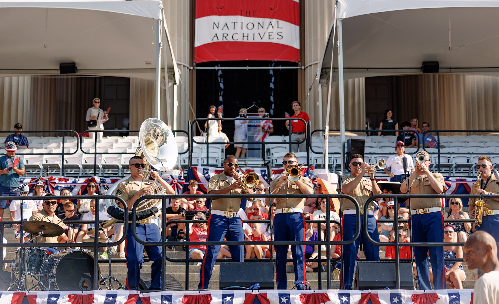 U.S. Marines with the Quantico Marine Brass Band perform at the National Archives Museum, Washington D.C., July 4, 2025. The band performed as a feature event to kick off the Independence Day Parade in Washington D.C. to celebrate the 249th anniversary of America’s independence. (U.S. Marine Corps photo by Lance Cpl. Braydon Rogers)
